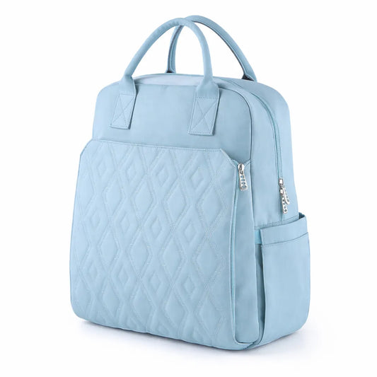 Sac à dos à langer zippé bleu ciel avec matelas intégré, poche latérale et fermeture zippée sécurisée