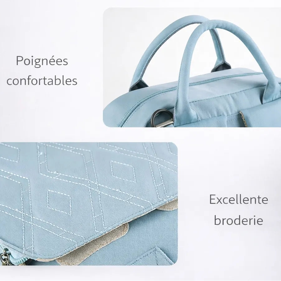 Détails sac à dos à langer zippé bleu – accroche-clés intégré, poignées confortables et broderie losanges