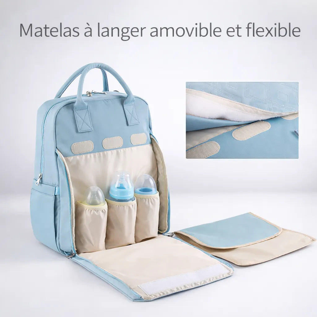 Intérieur sac à dos à langer zippé bleu ouvert – matelas à langer amovible et poches biberons isothermes