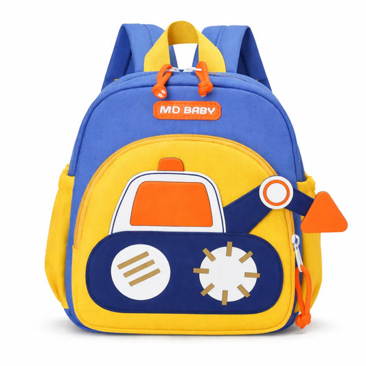 Sac à dos bébé crèche bleu et jaune avec motif voiture ludique - bretelles réglables et poignée de transport