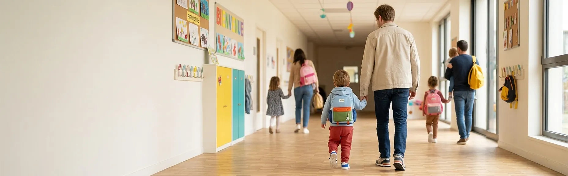 Petit sac à dos bébé crèche porté par un tout-petit dans un couloir de crèche moderne