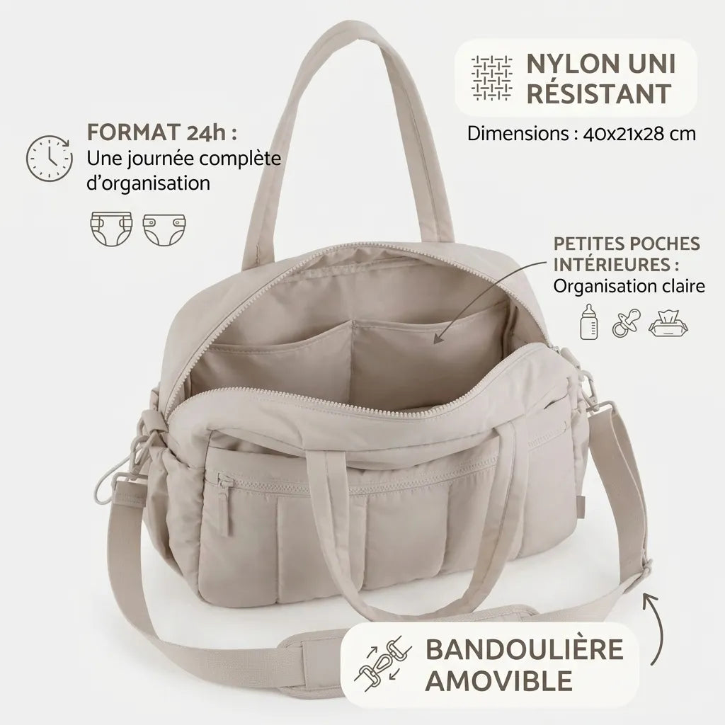 Sac à langer beige en nylon résistant format 24h avec bandoulière amovible et poches de rangement intérieures, dimensions 40x21x28 cm.