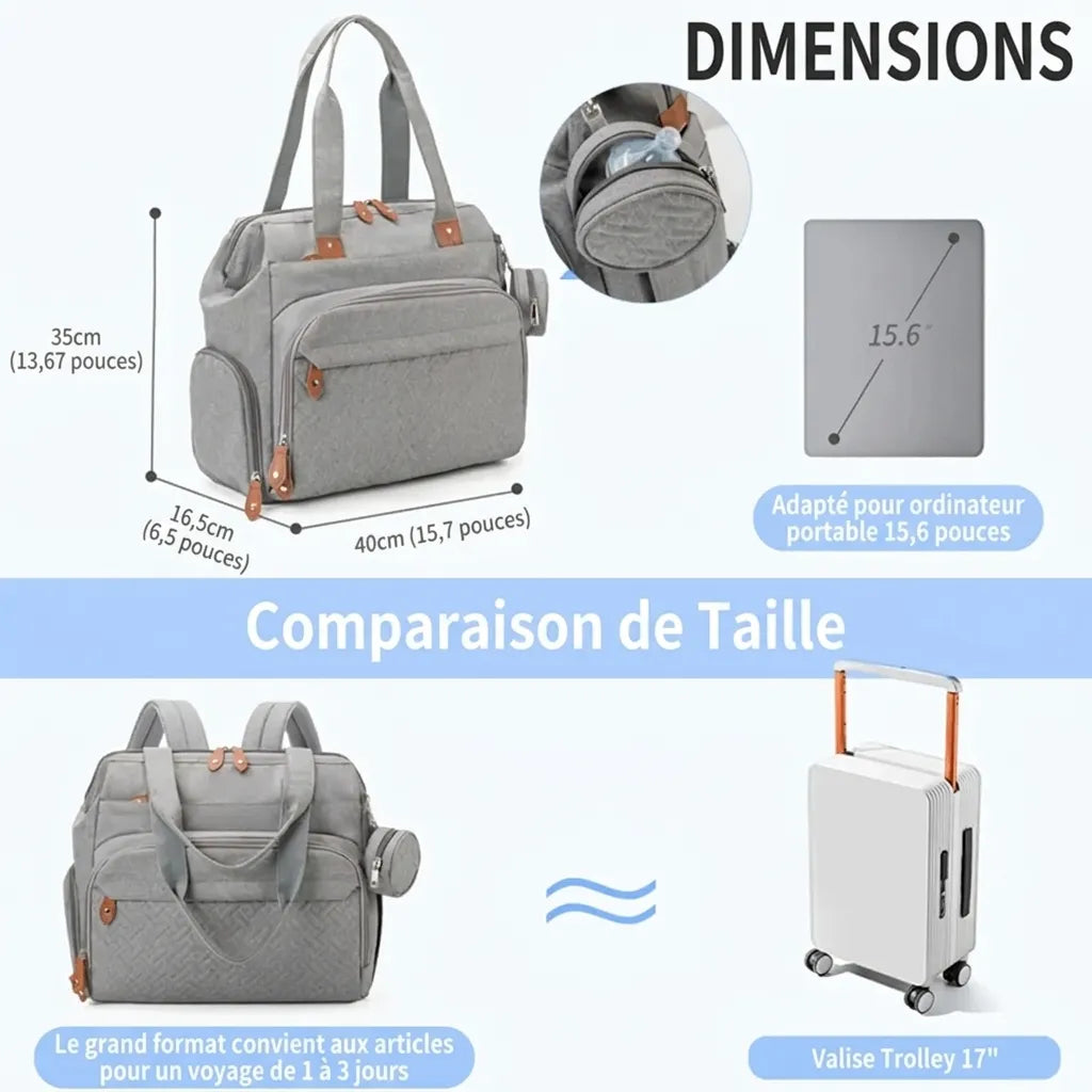 Dimensions sac à langer gris 40x35x16cm avec comparaison taille ordinateur 15,6 pouces et valise trolley 17 pouces