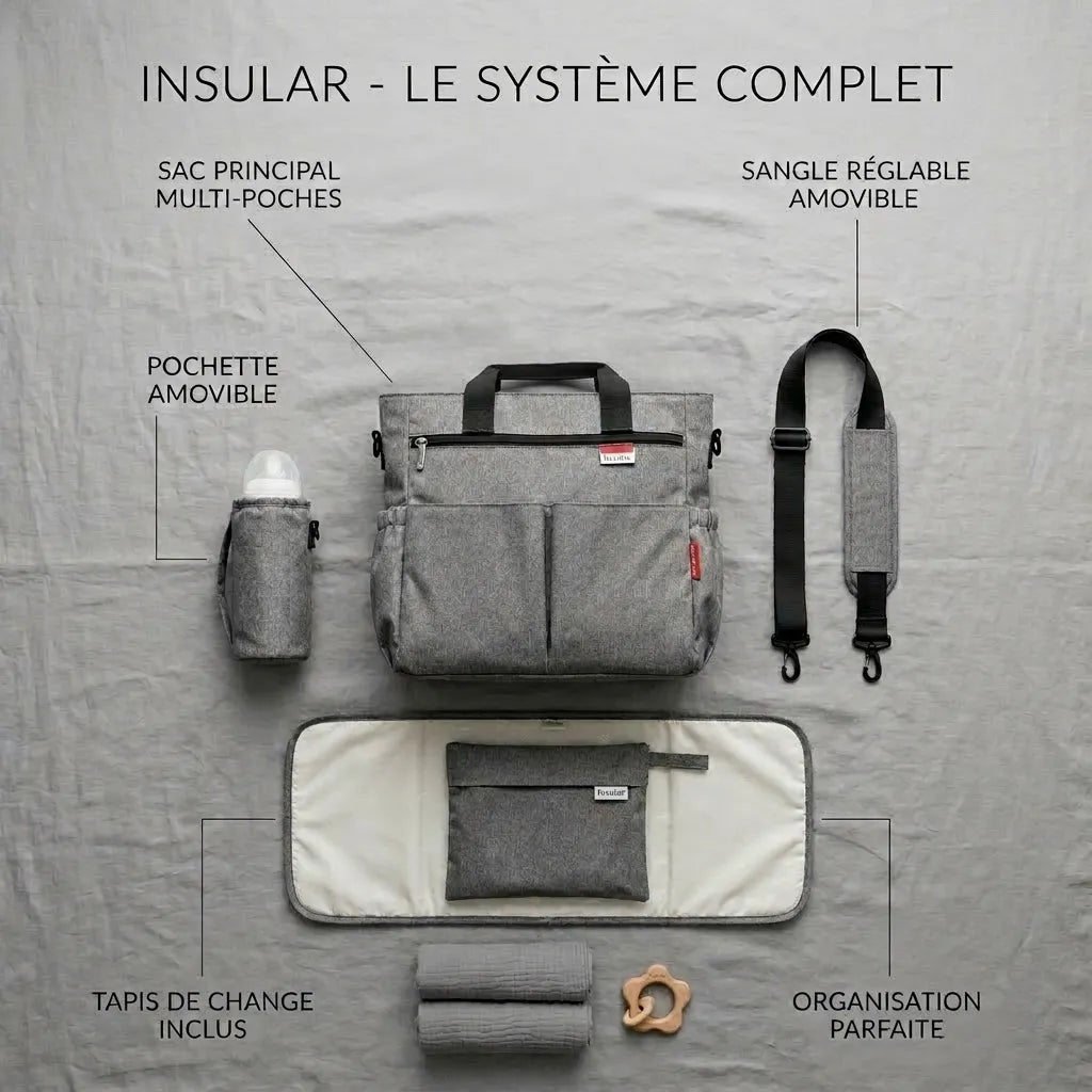 Vue de dessus type flatlay du sac à langer gris Insular avec ses accessoires : sangle amovible, tapis de change pliable, pochette isotherme pour biberon et système de rangement complet.