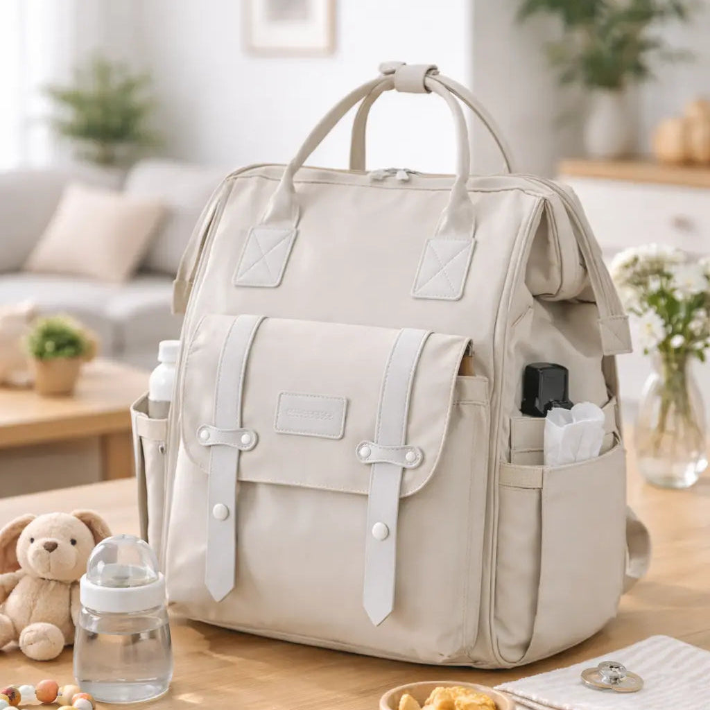 Sac à dos à langer beige posé sur une table en bois entouré d'accessoires bébé, illustrant le rangement organisé des biberons, lingettes et repas pour une préparation sans stress.