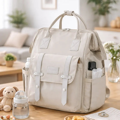Sac à dos à langer beige posé sur une table en bois entouré d'accessoires bébé, illustrant le rangement organisé des biberons, lingettes et repas pour une préparation sans stress.
