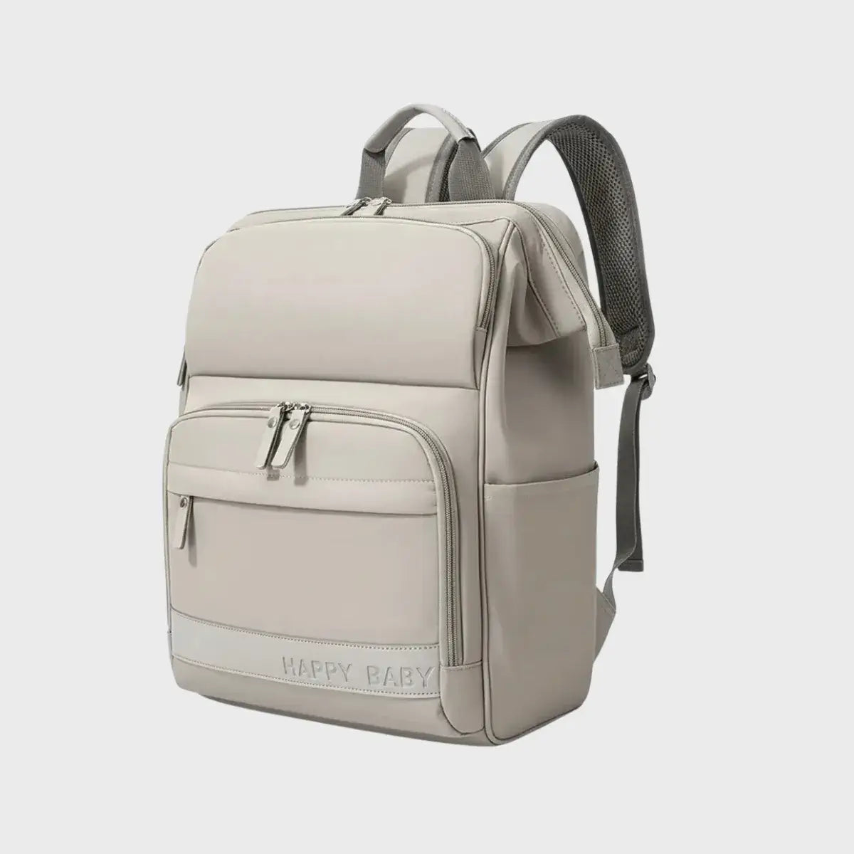 Sac à dos à langer ergonomique de couleur beige avec logo Happy Baby, multiples fermetures éclair et design compact