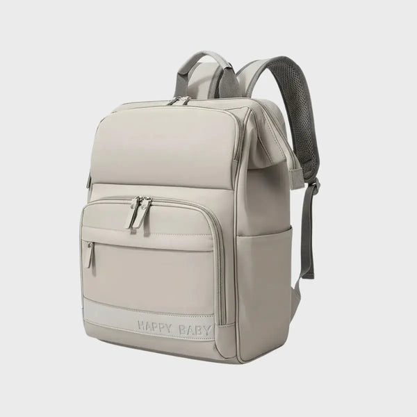 Sac à dos à langer ergonomique de couleur beige avec logo Happy Baby, multiples fermetures éclair et design compact