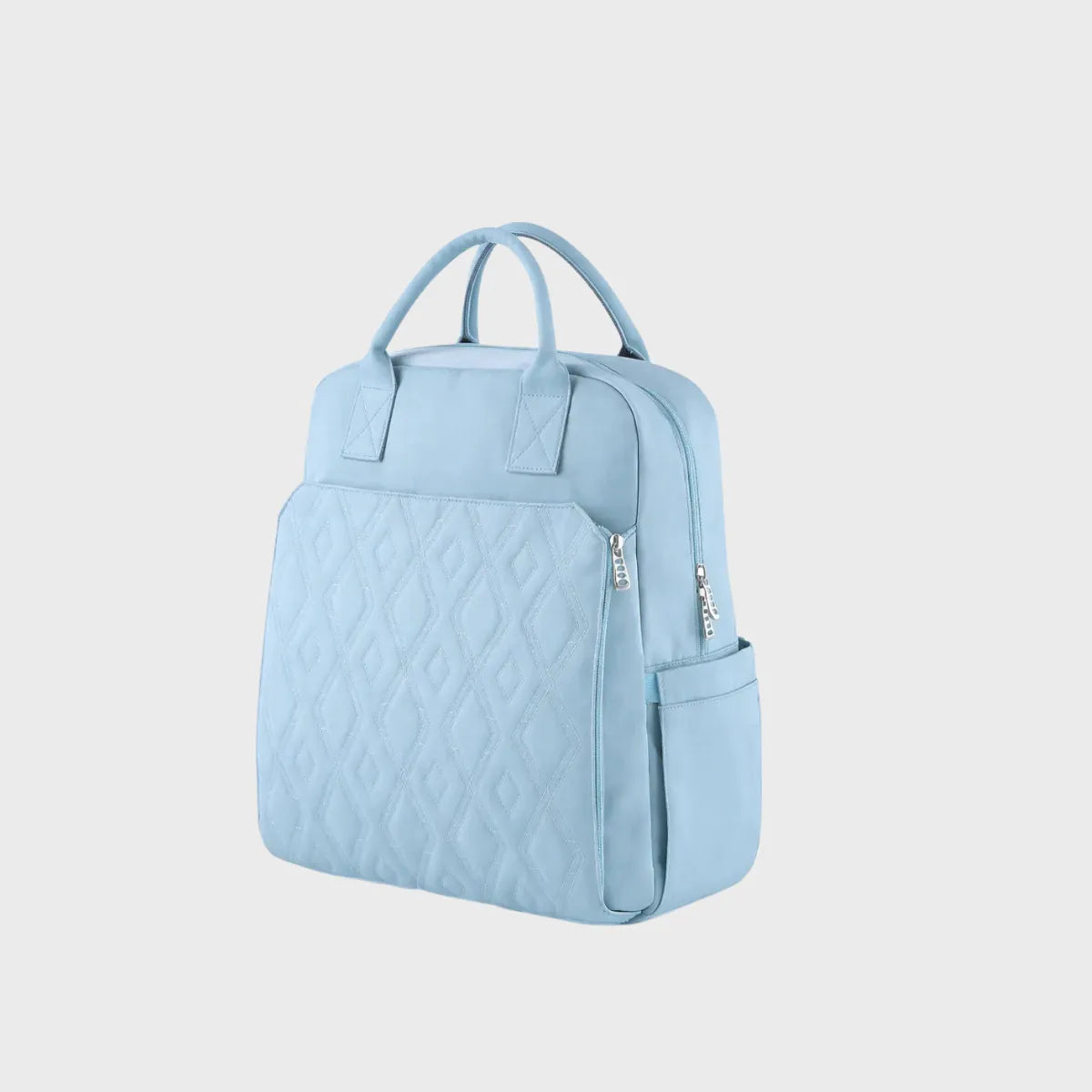 Sac à dos à langer zippé bleu ciel avec matelas intégré, poche latérale et fermeture zippée sécurisée