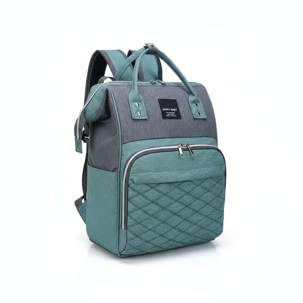 sac à dos à langer vert & gris sur fond blanc