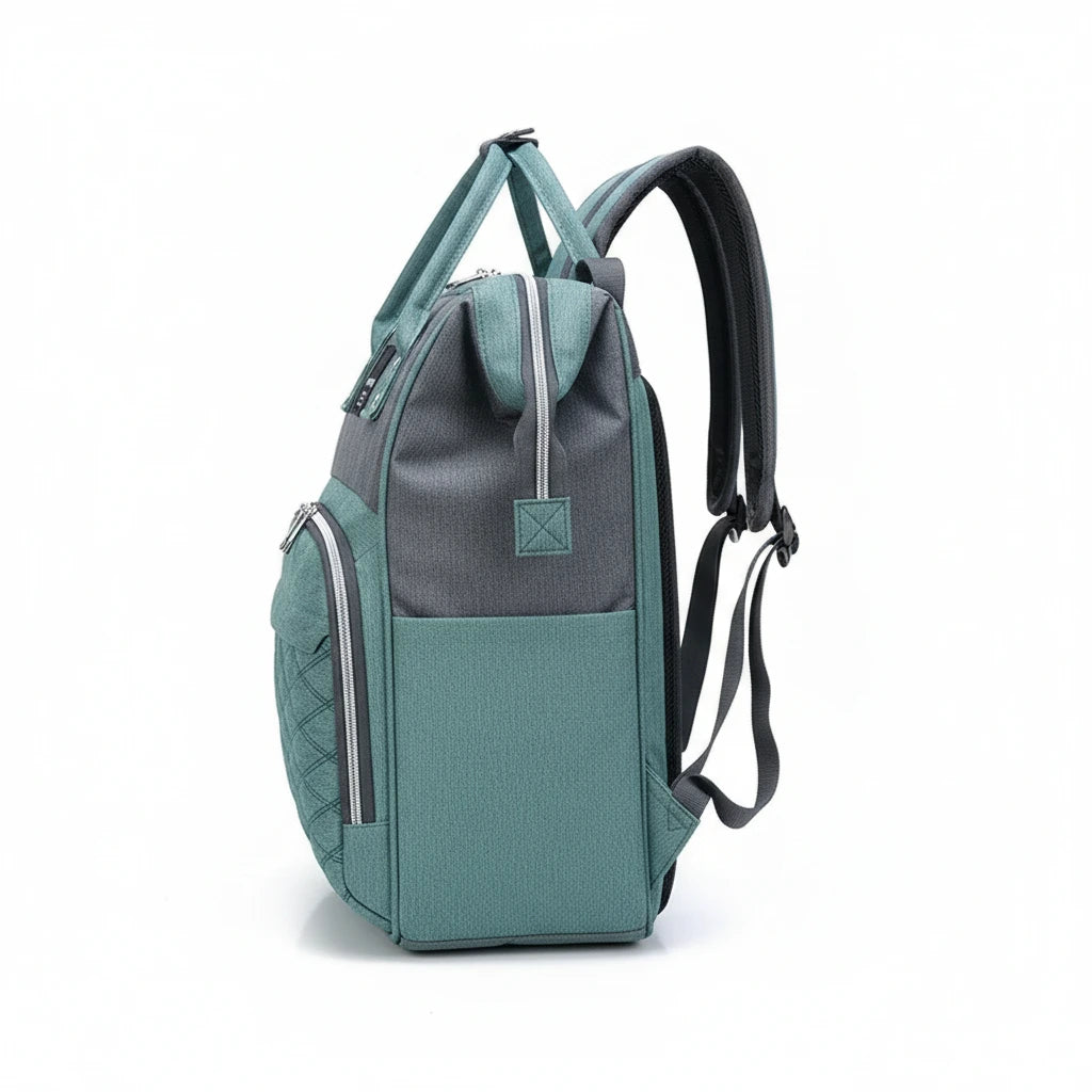 sac à dos à langer vert & gris de profil sur fond blanc
