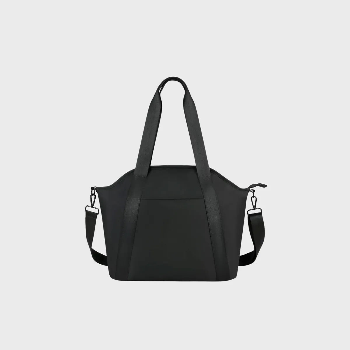 Sac à langer noir effet cuir PU bandoulière elégant avec poignées longues – compatible poussette sur fond blanc
