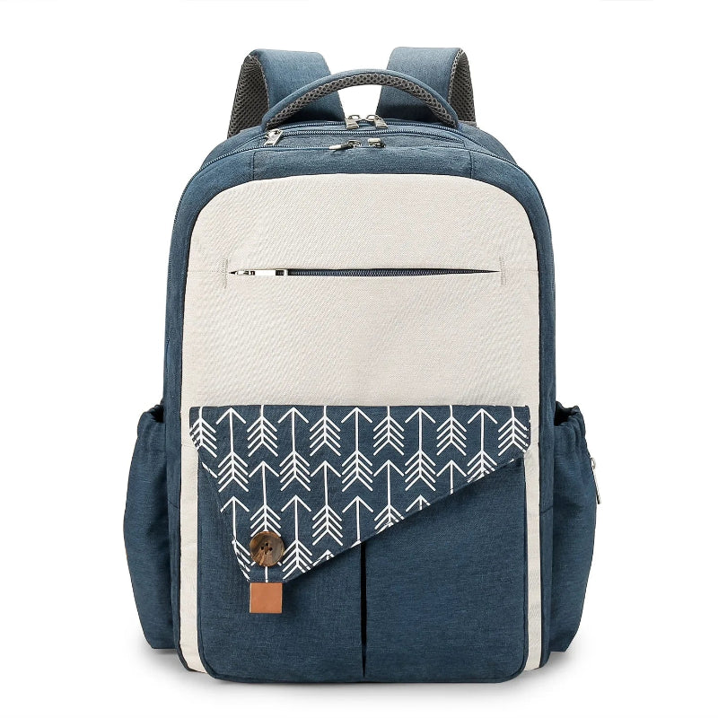sac à dos à langer bleu large capacite sur fond blanc