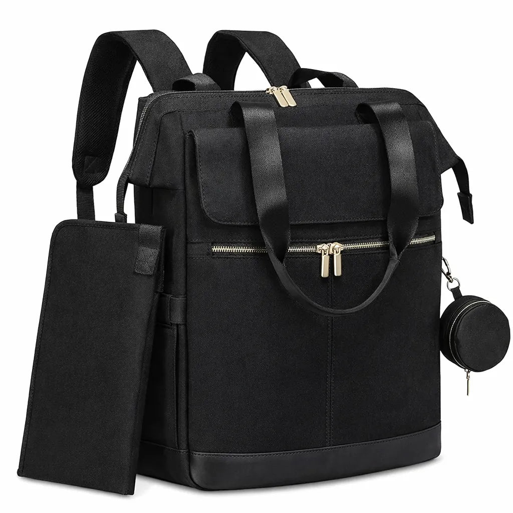 sac à dos à langer ergonomique couleur noir sur fond blanc