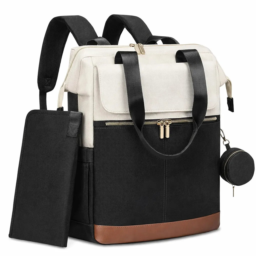sac à dos à langer ergonomique couleur noir et blanc sur fond blanc