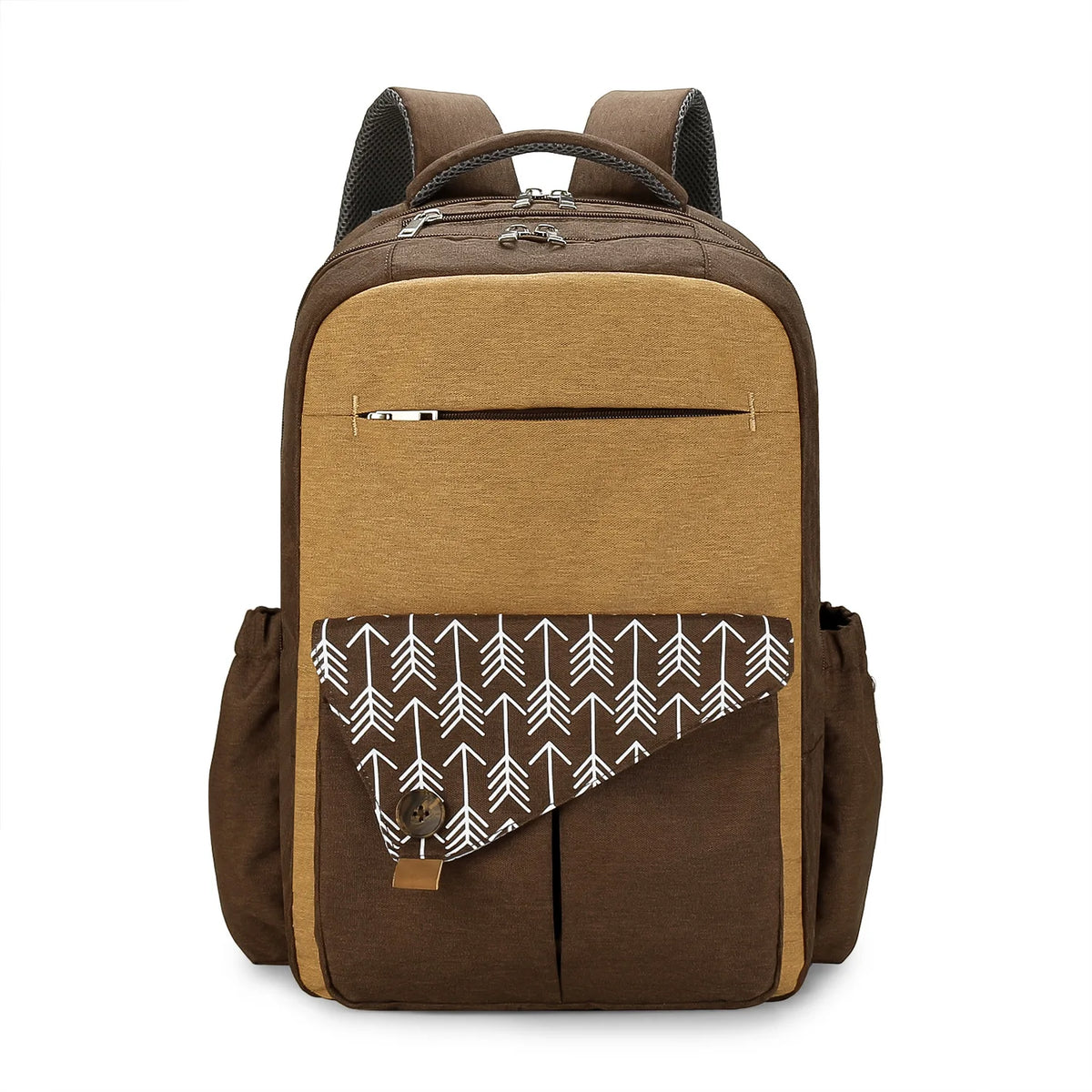 sac à dos à langer marron large capacite sur fond blanc