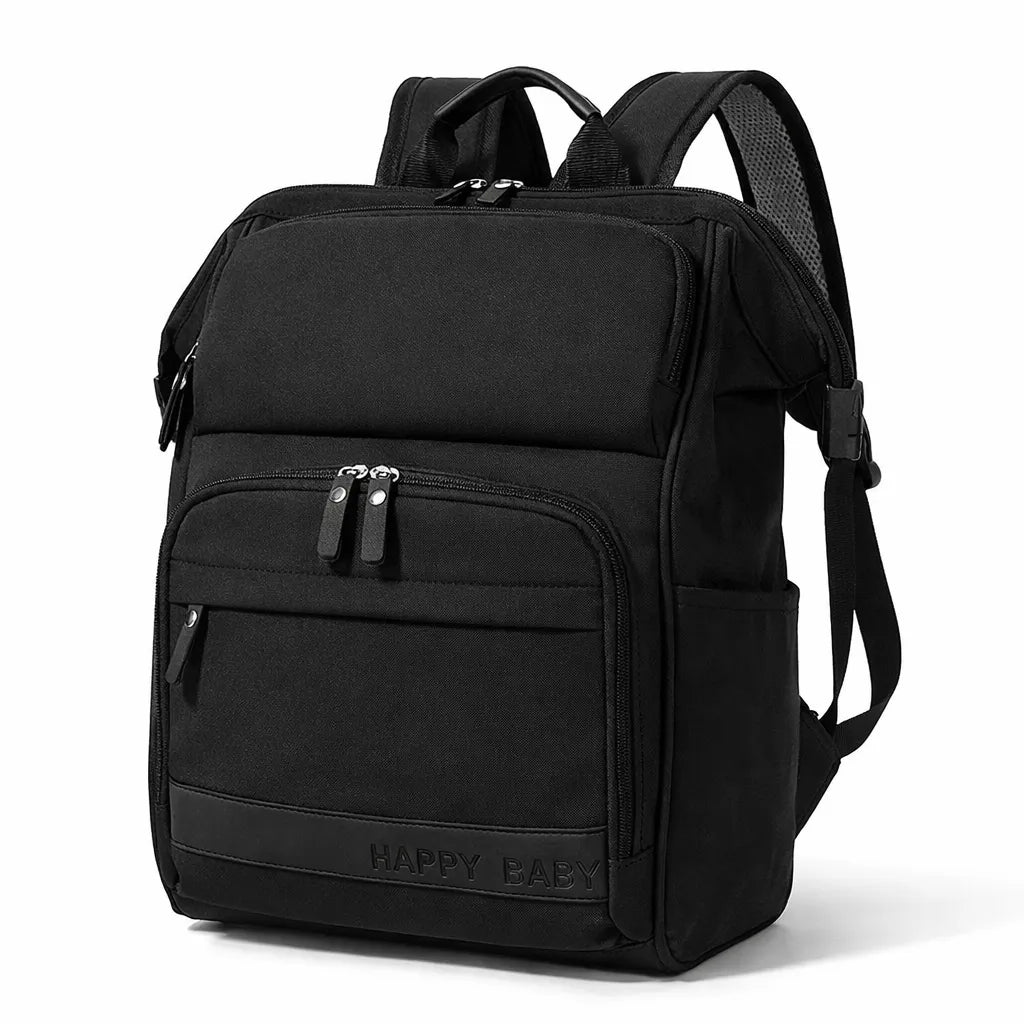 Sac à dos à langer ergonomique de couleur noire avec logo Happy Baby, multiples fermetures éclair et design compact