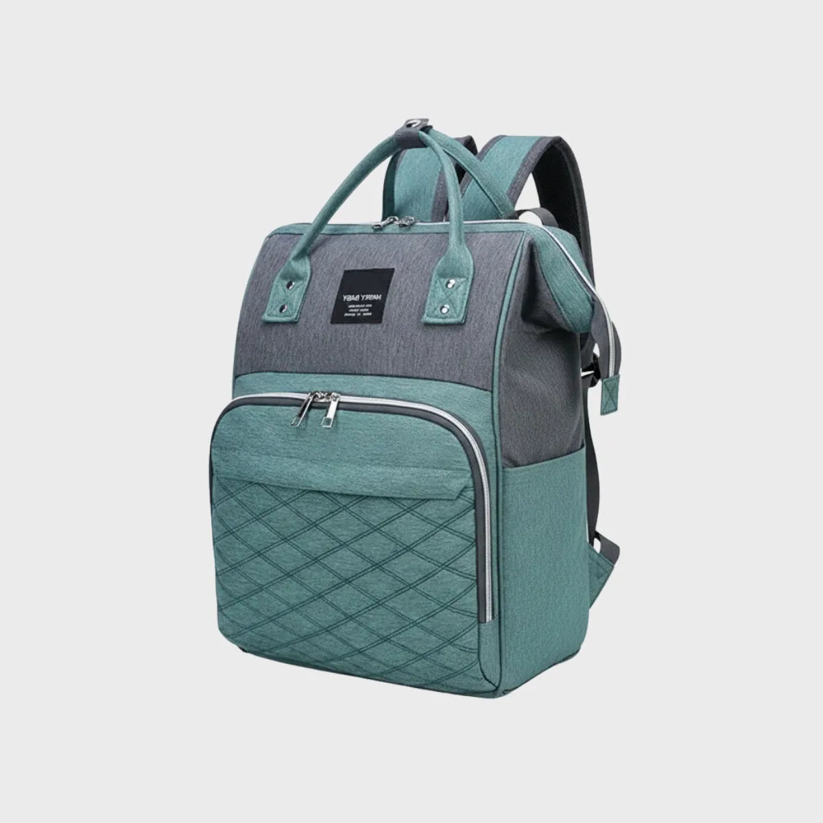 sac à dos à langer vert & gris sur fond blanc