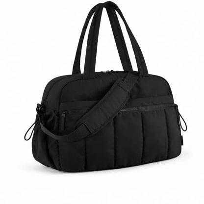 Sac à langer bandoulière noir en nylon, format compact avec poignées doubles et sangle amovible