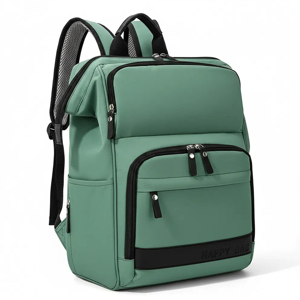 Sac à dos à langer ergonomique de couleur verte avec logo Happy Baby, multiples fermetures éclair et design compact.