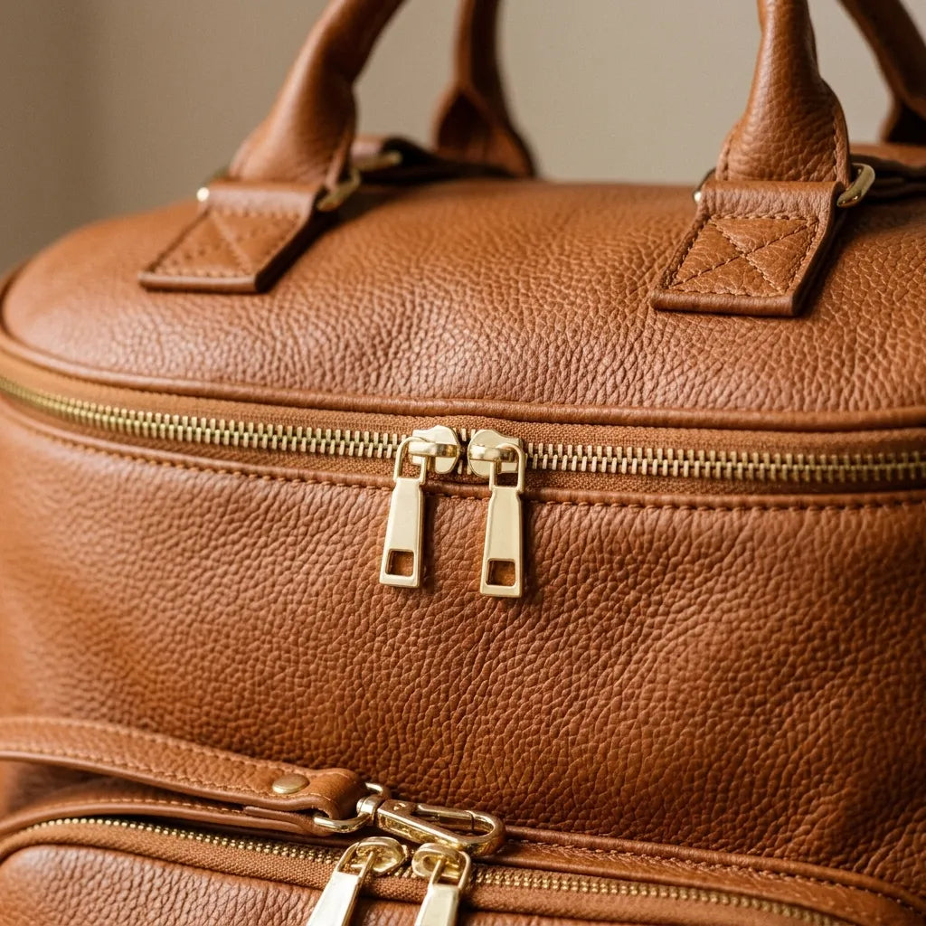 zoom sur le sac a langer en cuir PU, visibilité sur les fermetures zipées et sur la qualité du cuir
